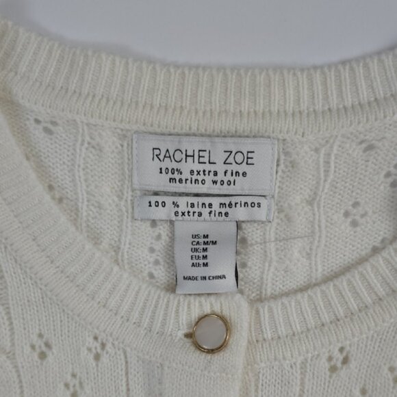 NWT RACHEL ZOE Women's Ivory Merino Wool Short Sleeve Pointelle Cardigan Size M - Picture 5 of 14
